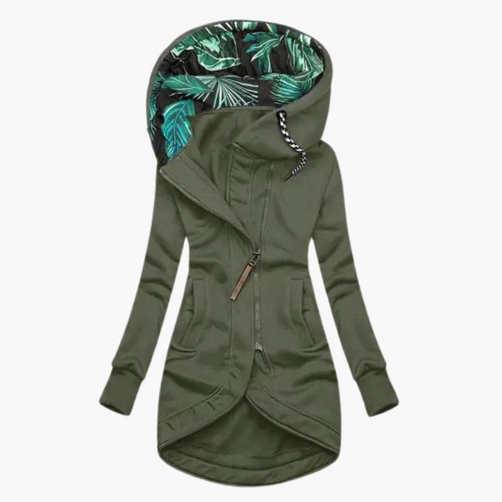 Lange damesjas met asymmetrische rits