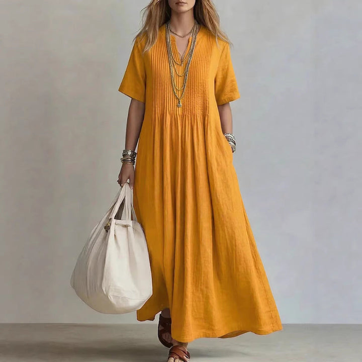 Casual Loose V-Neck Short-Sleeve Pleated Cotton-Linen Dress