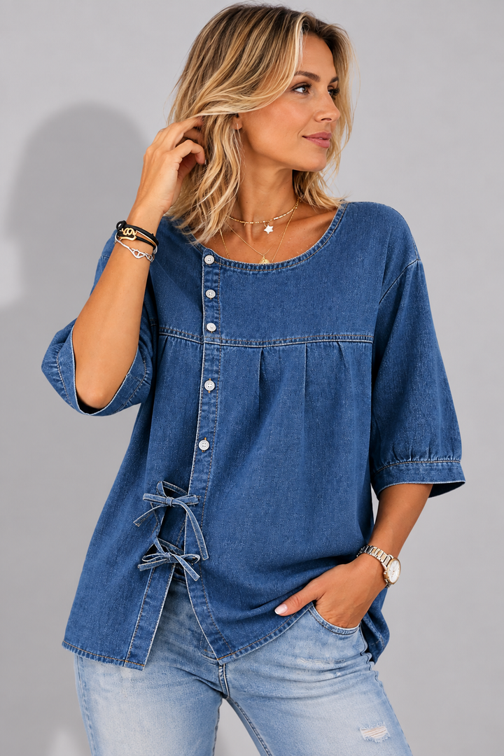 Denim blouse met knoopsluiting en strikbandjes opzij voor dames