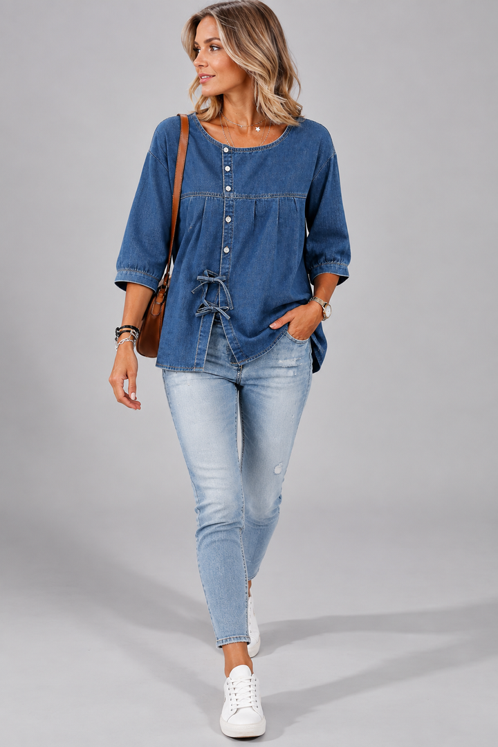 Denim blouse met knoopsluiting en strikbandjes opzij voor dames