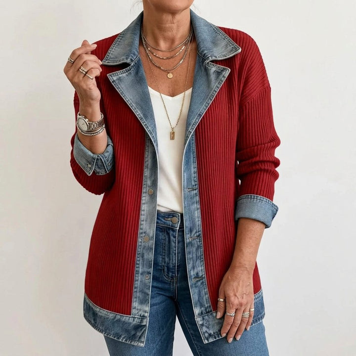 Ribgebreide blazer met denimpanelen en lange mouwen voor dames