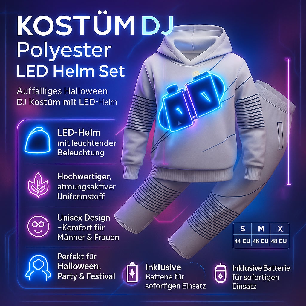 DJ-kostuum met LED-masker en oplichtende borstprint voor kinderen, discjockey