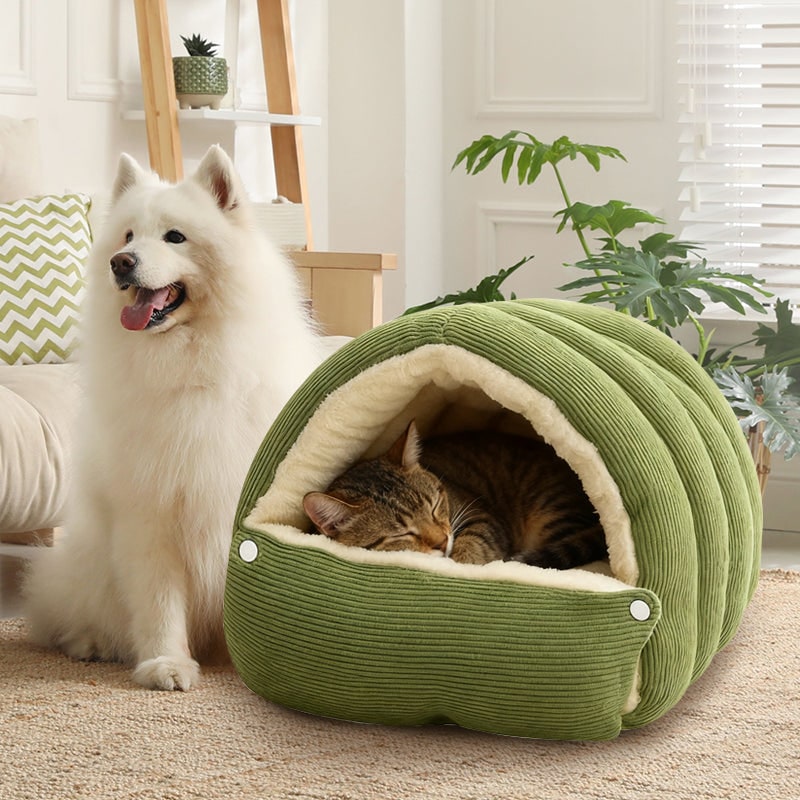Hondenmand met zelfverwarmend kattenholontwerp, pluche fleece capuchon en raamvenster voor huisdieren
