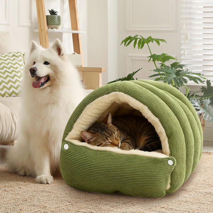 Hondenmand met zelfverwarmend kattenholontwerp, pluche fleece capuchon en raamvenster voor huisdieren