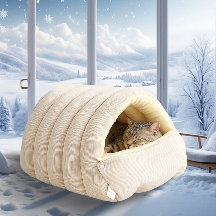 Hondenmand met zelfverwarmend kattenholontwerp, pluche fleece capuchon en raamvenster voor huisdieren