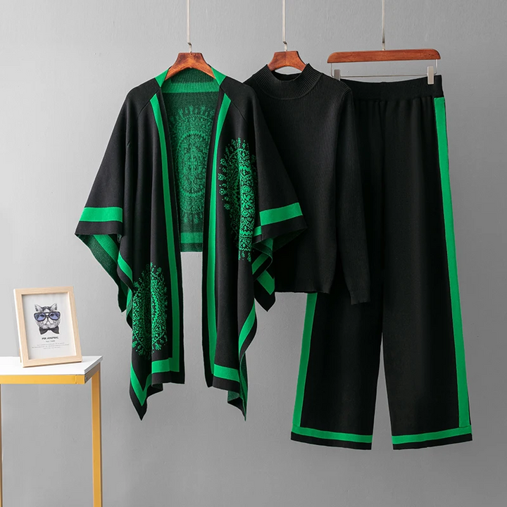 Comfortabele Loungewear Gebreide 3-Delige Set, Trui, Sjaal En Wijde Broek - Sarah