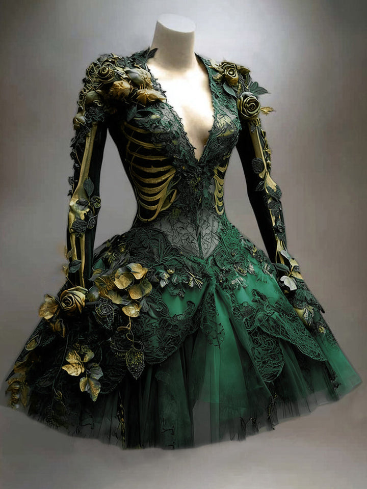 Dames gothic skelet mini-jurk met lange mouwen voor Halloween