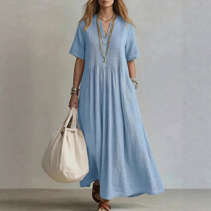 Casual Loose V-Neck Short-Sleeve Pleated Cotton-Linen Dress