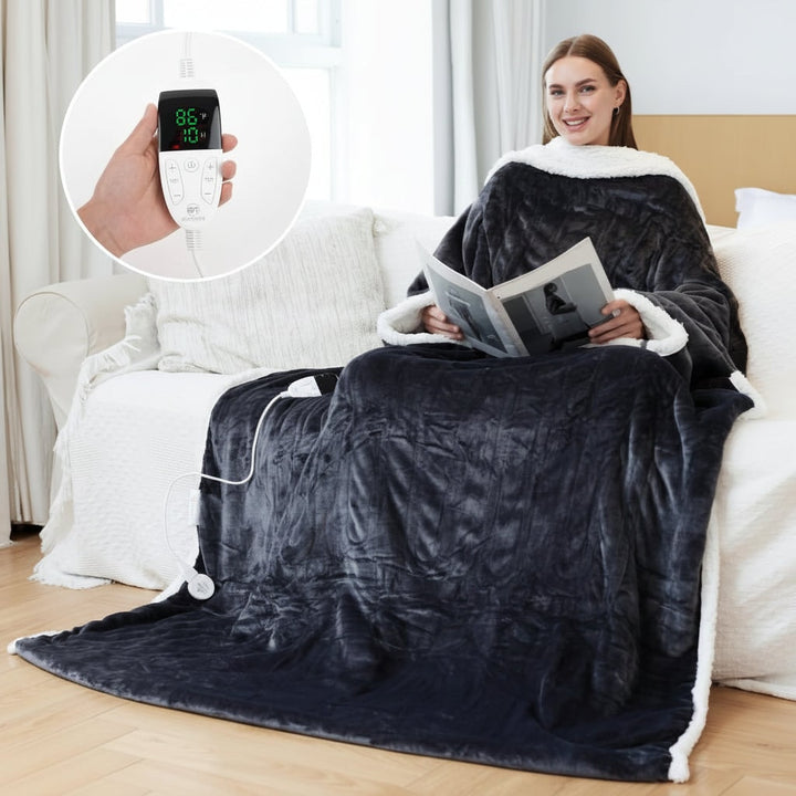 Verwarmde deken met mouwen en voetenzak van sherpa fleece