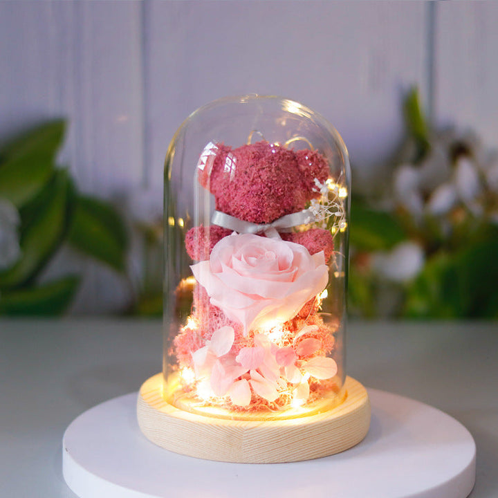 Beertje met eeuwige roos onder stolp met warm ledlicht