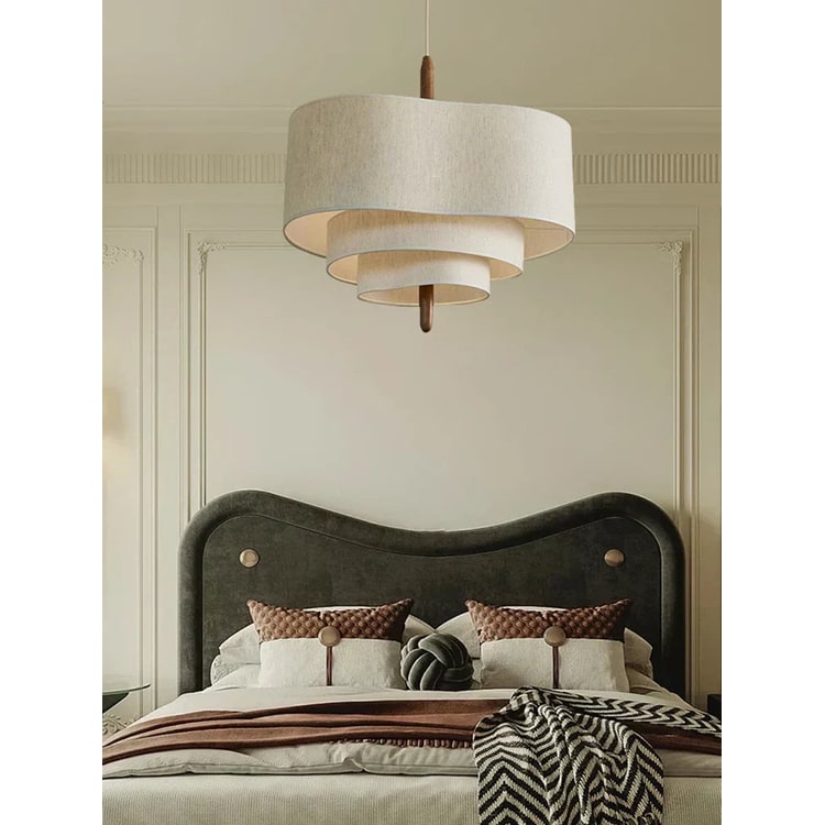 Stoffen Hanglamp met Golvende Kap en Houten Stang voor Eetkamer en Woonkamer