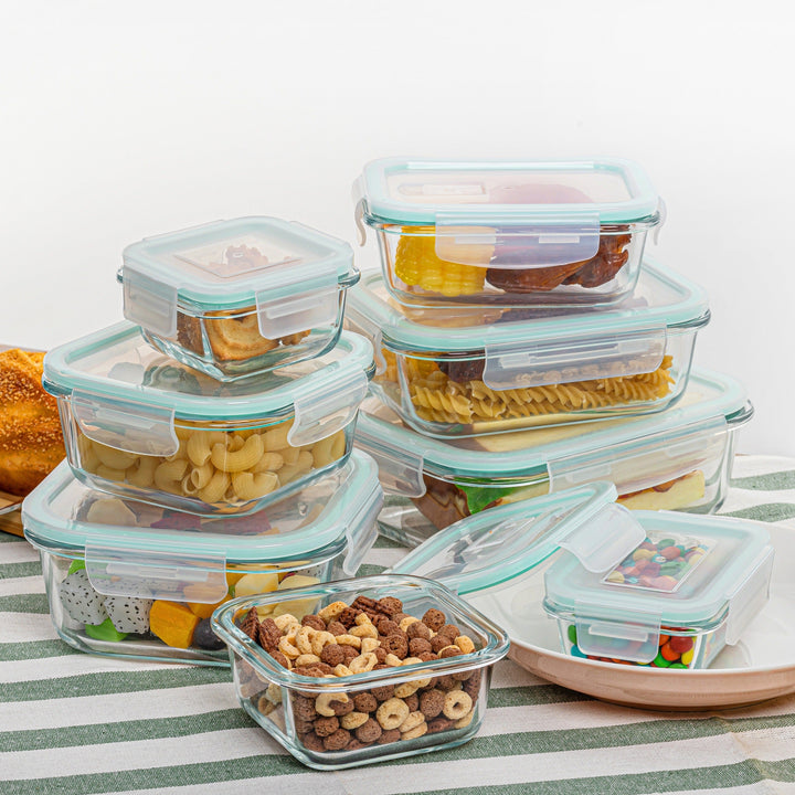 Set van 8 glazen voedselcontainers – Bento containers voor meal prep, luchtdicht, met lekvrije deksels, geschikt voor magnetron, oven, vriezer en vaatwasser, BPA-vrij