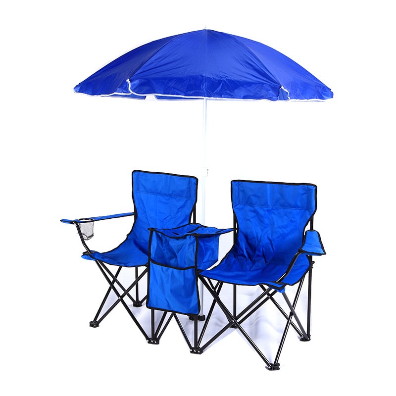 Opvouwbare dubbele campingstoel met middenkoeler, parasol en bekerhouders