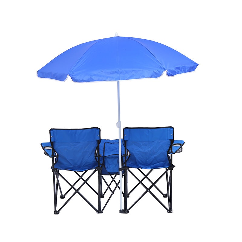 Opvouwbare dubbele campingstoel met middenkoeler, parasol en bekerhouders