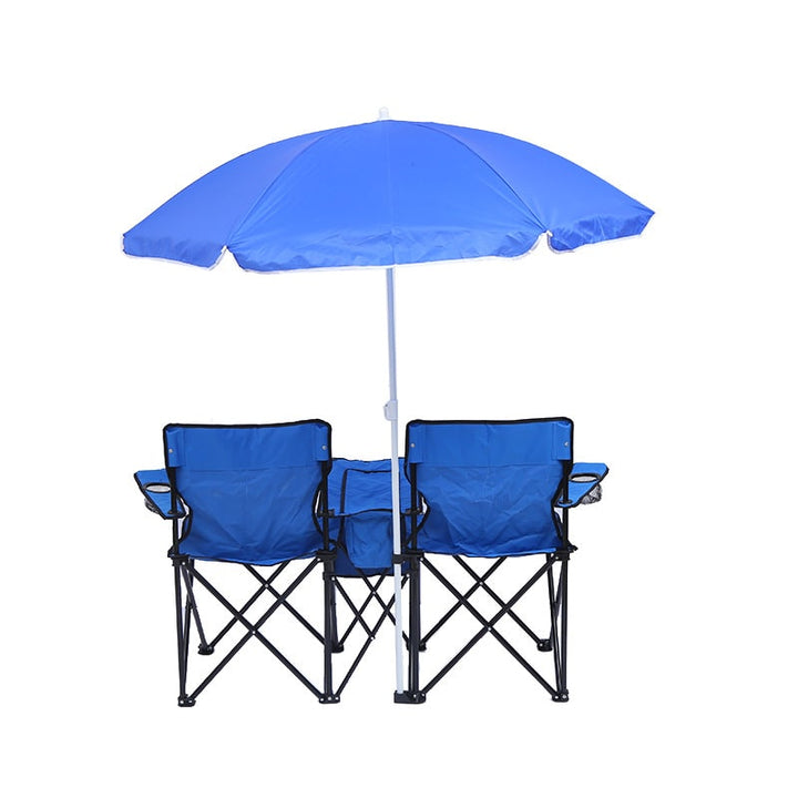Opvouwbare dubbele campingstoel met middenkoeler, parasol en bekerhouders