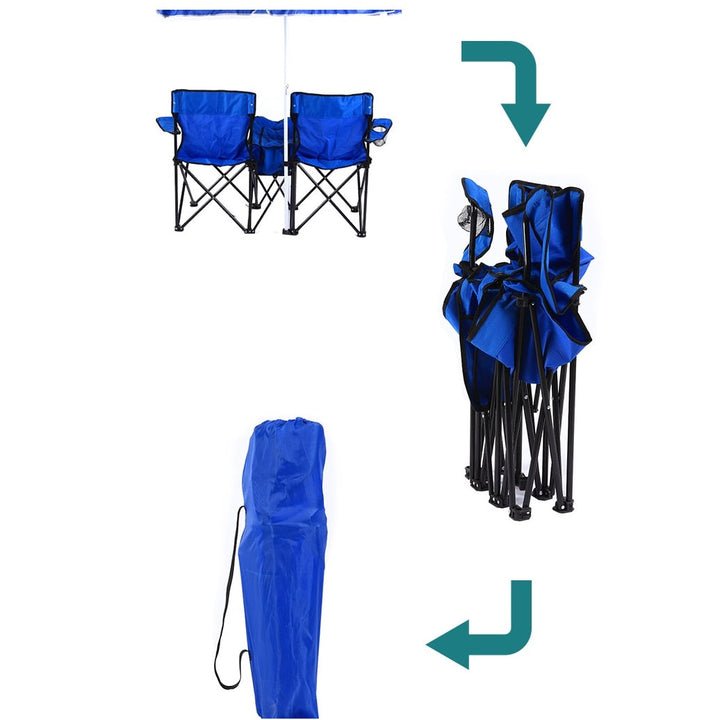 Opvouwbare dubbele campingstoel met middenkoeler, parasol en bekerhouders