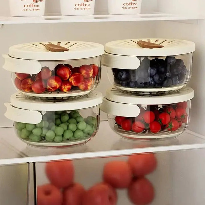 Voedselopslagbak met afneembaar vergiet, geventileerd deksel en inklapbaar handvat voor groenten en fruit