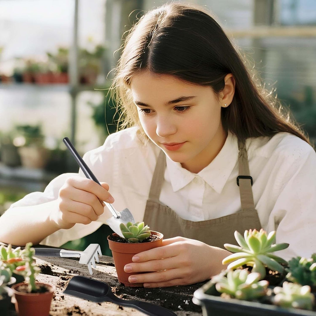Tuingereedschapsset met miniatuurpincetten en trekkoordzakje voor vetplanten en gazonrandsnijder