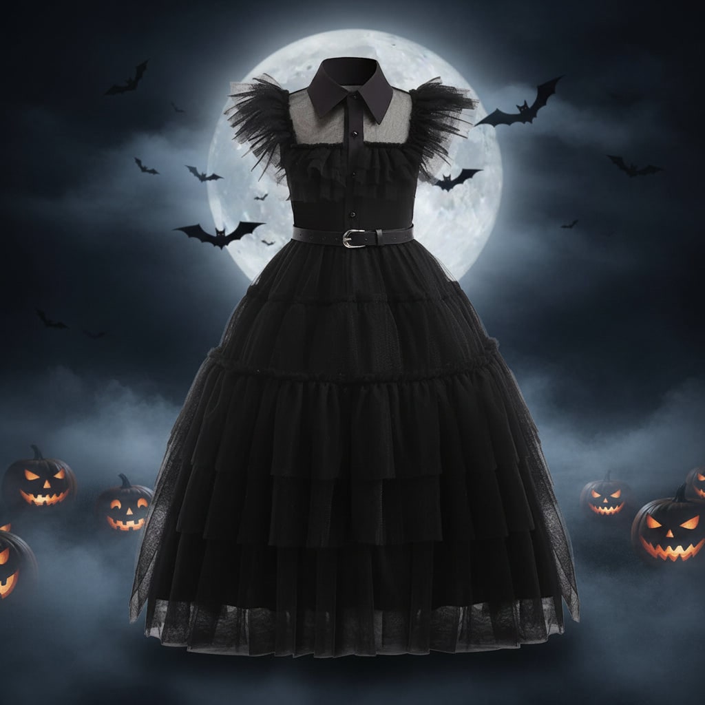 Gothic Academy Halloweenkostuum voor meisjes met jurk van tule in lagen en accessoires