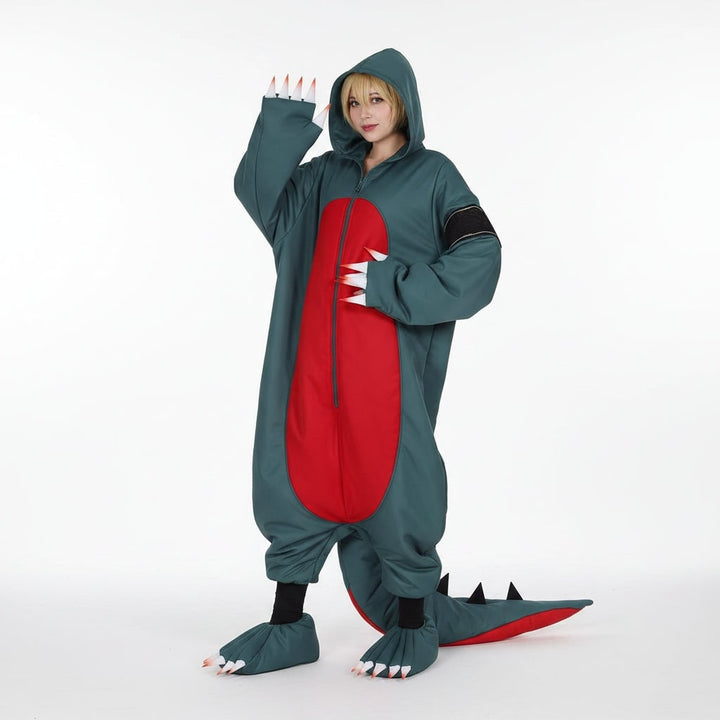 Halloween dinosaurus cosplay kostuum onesie jumpsuit met pruik en schoenovertrekken voor feest