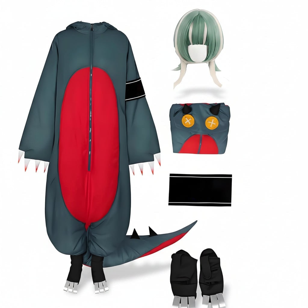 Halloween dinosaurus cosplay kostuum onesie jumpsuit met pruik en schoenovertrekken voor feest