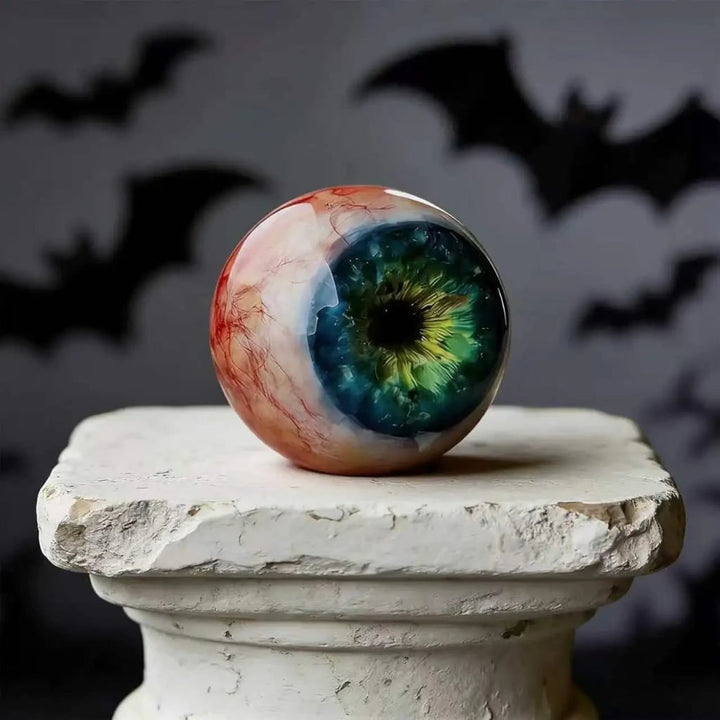 Halloween-oogbaldecoratie met heks en roze verandastandaard voor feestdecoratie bij de voordeur