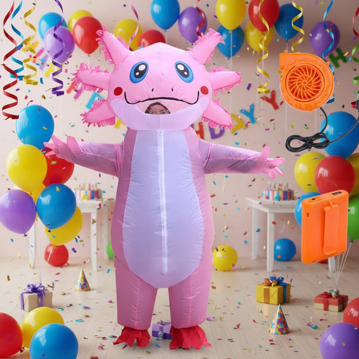 Halloween opblaasbaar axolotlkostuum met ventilator op batterijen en ontwerp voor het hele lichaam