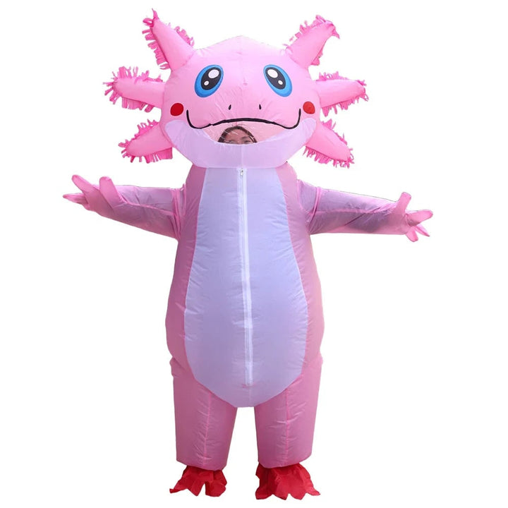 Halloween opblaasbaar axolotlkostuum met ventilator op batterijen en ontwerp voor het hele lichaam