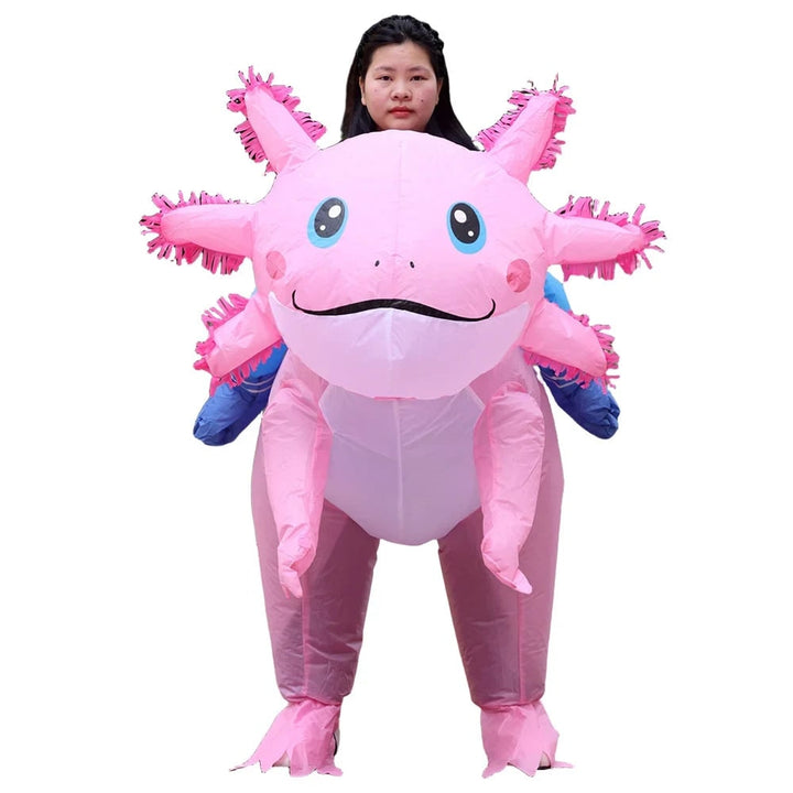 Halloween opblaasbaar axolotlkostuum met ventilator op batterijen en ontwerp voor het hele lichaam