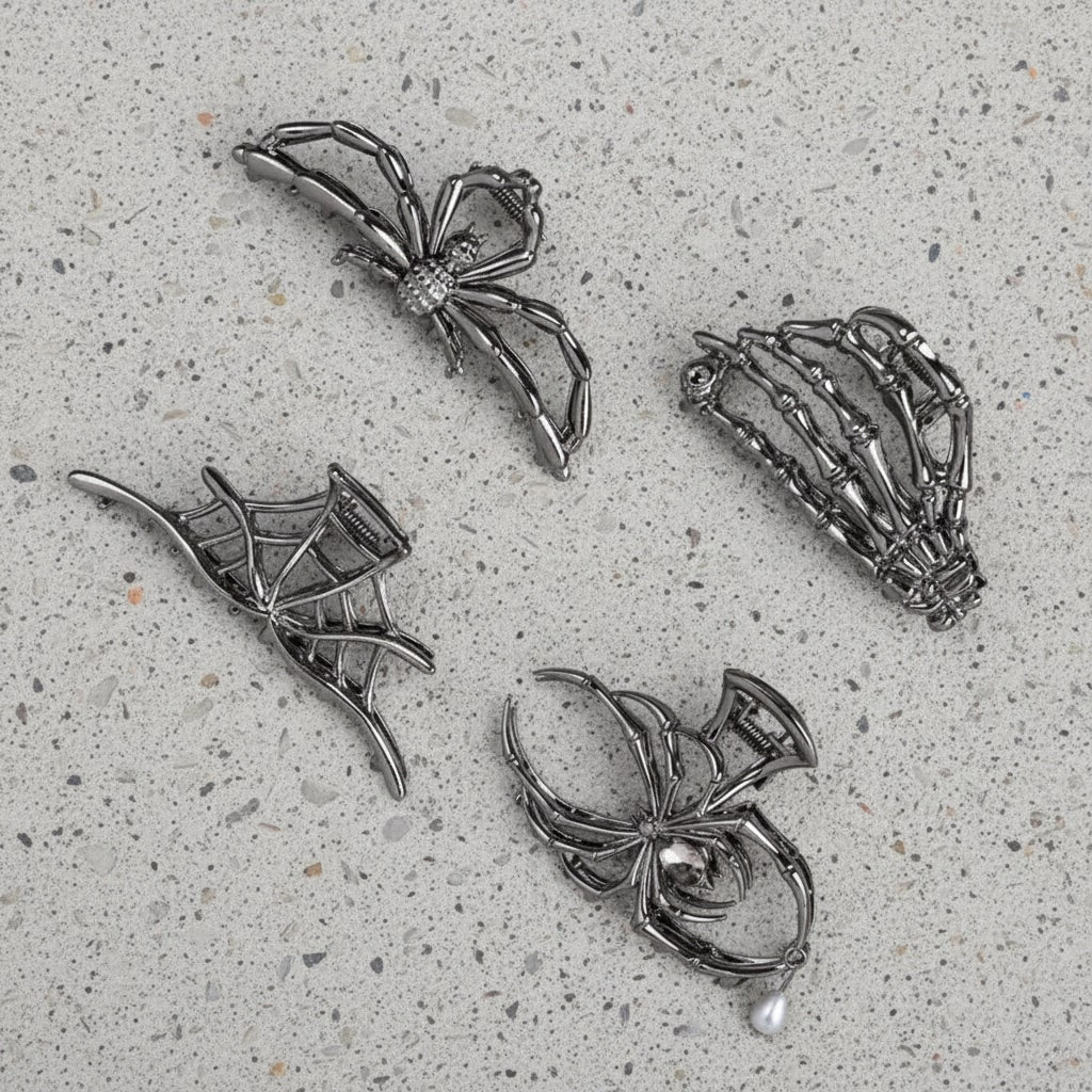 Halloween metalen klauwklemmen met griezelige spin-, vleermuis- en skeletontwerpen, decoratieve haarklemmen