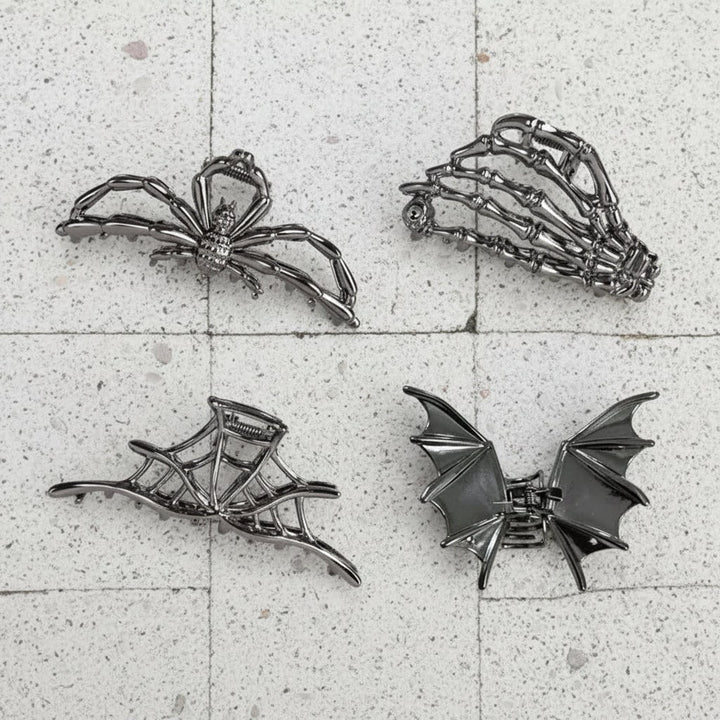 Halloween metalen klauwklemmen met griezelige spin-, vleermuis- en skeletontwerpen, decoratieve haarklemmen