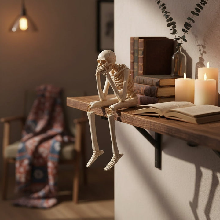 Halloween-skeletplankzitterbeeldjes met bungelende benen en beweegbare gewrichten