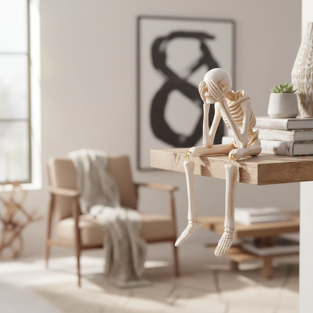 Halloween-skeletplankzitterbeeldjes met bungelende benen en beweegbare gewrichten