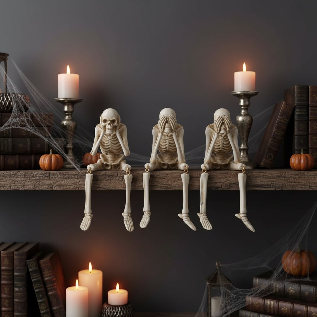 Halloween-skeletplankzitterbeeldjes met bungelende benen en beweegbare gewrichten