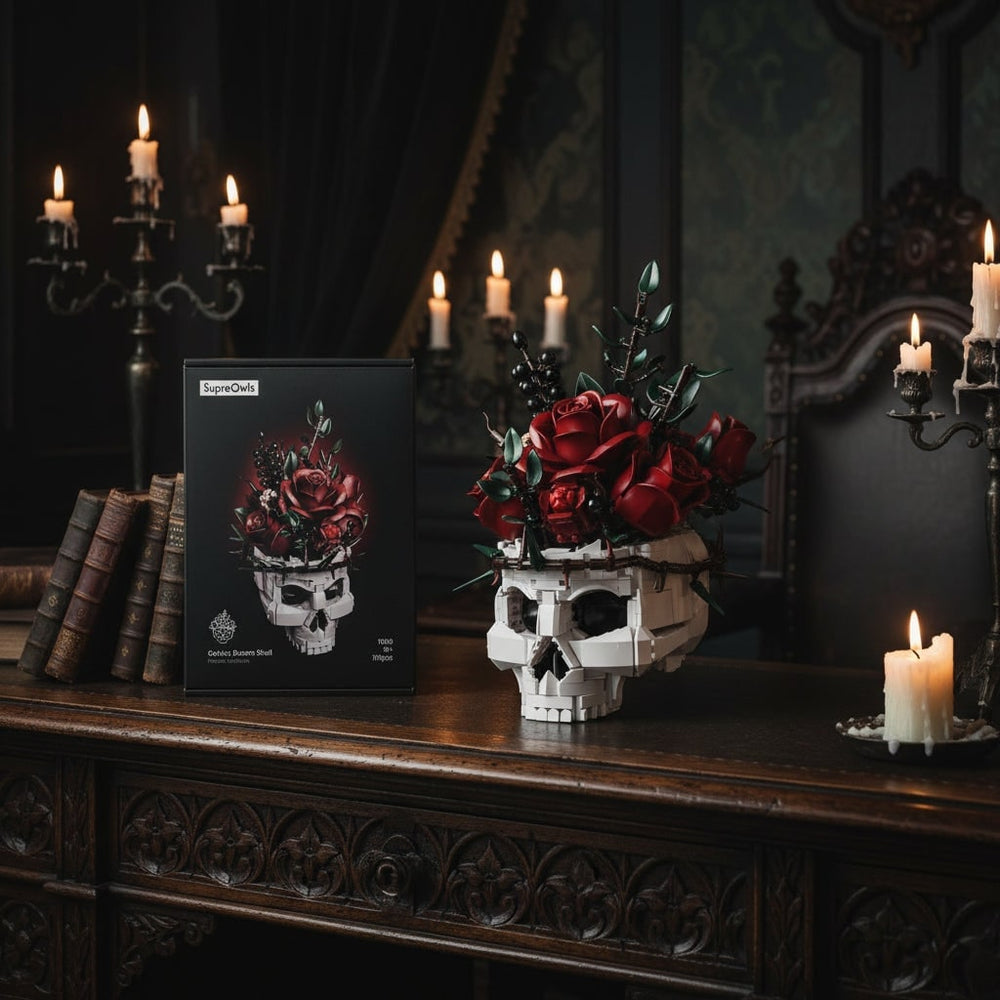 Halloween bouwblokken schedel met magnetische tegels en rozen, gotische decoratieset