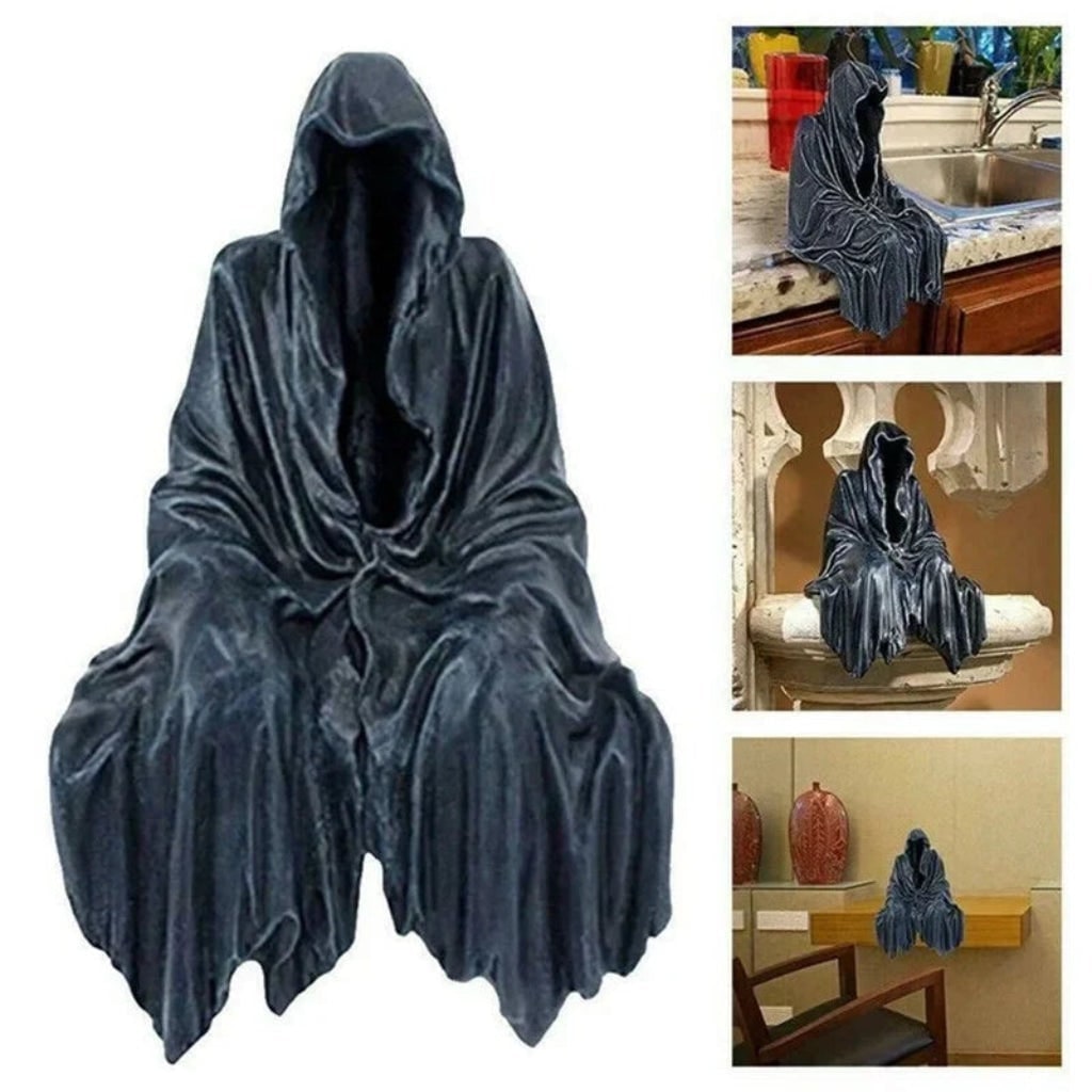 Halloween griezelige Magere Hein plankzitter beeld, hars figuur, decoratie met kap