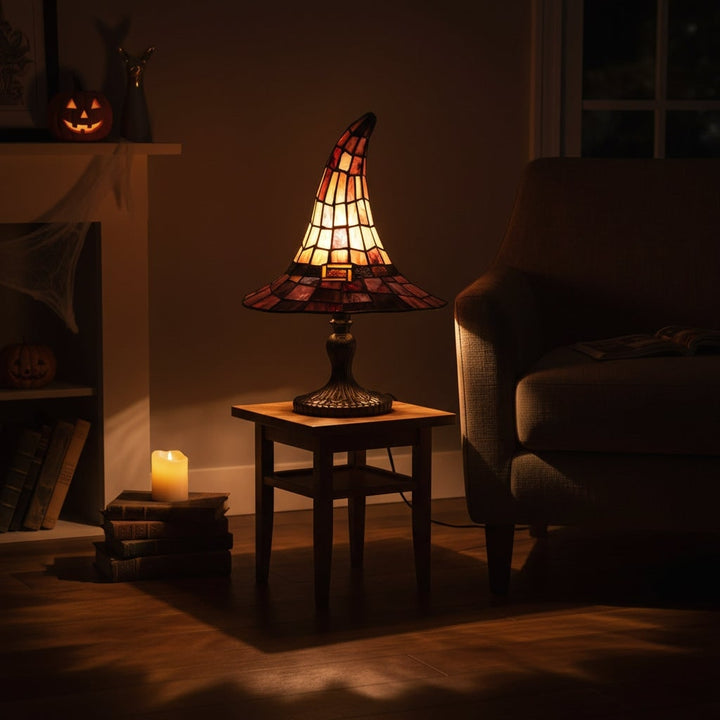 Halloween heksenhoed tafellamp van glas-in-lood met warm licht, nachtlampje, set van 2