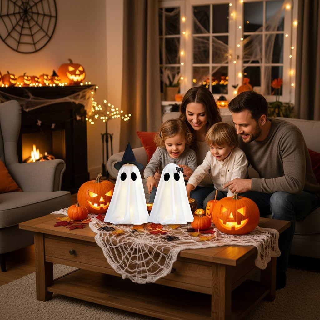 Halloween spookdecoratie met warmwit licht set van twee figuren voor binnendecoratie opblaasbaar