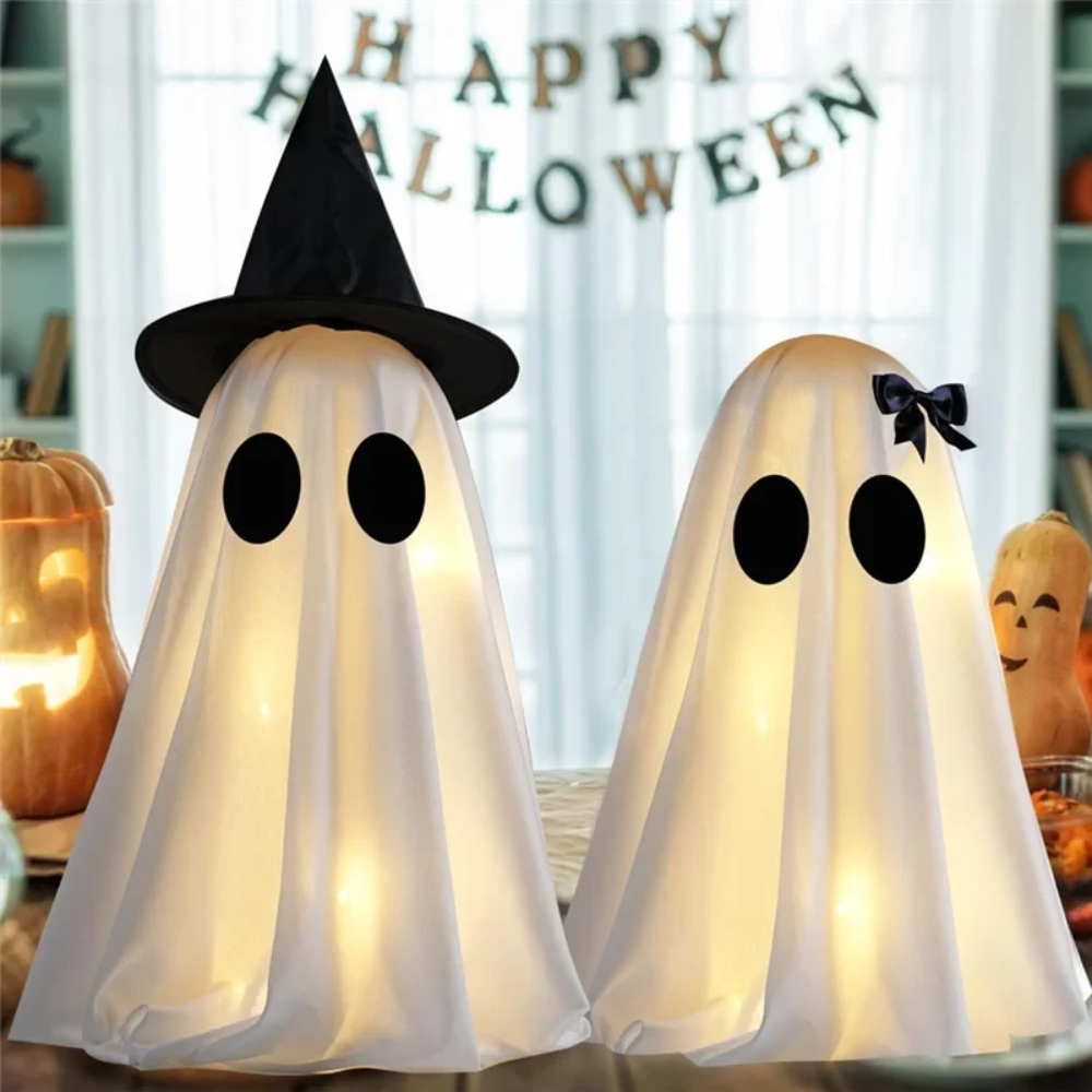 Halloween spookdecoratie met warmwit licht set van twee figuren voor binnendecoratie opblaasbaar