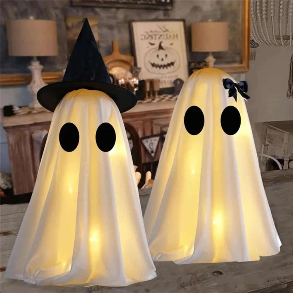 Halloween spookdecoratie met warmwit licht set van twee figuren voor binnendecoratie opblaasbaar