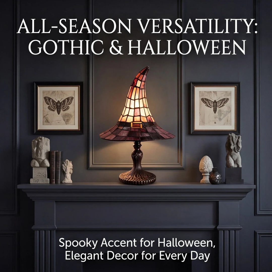 Halloween heksenhoed glas-in-lood tafellamp met USB-voeding en warm licht nachtlampje
