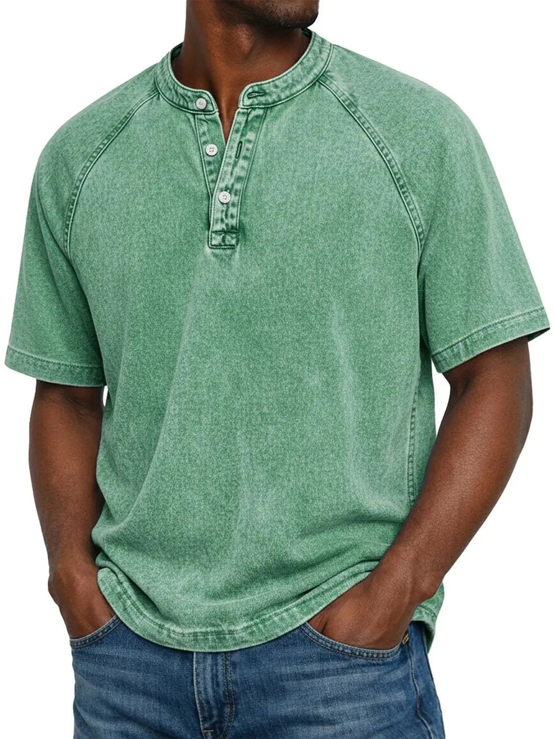 Casual T-shirt met korte mouwen voor heren met raglanmouwen in gewassen henley-stijl