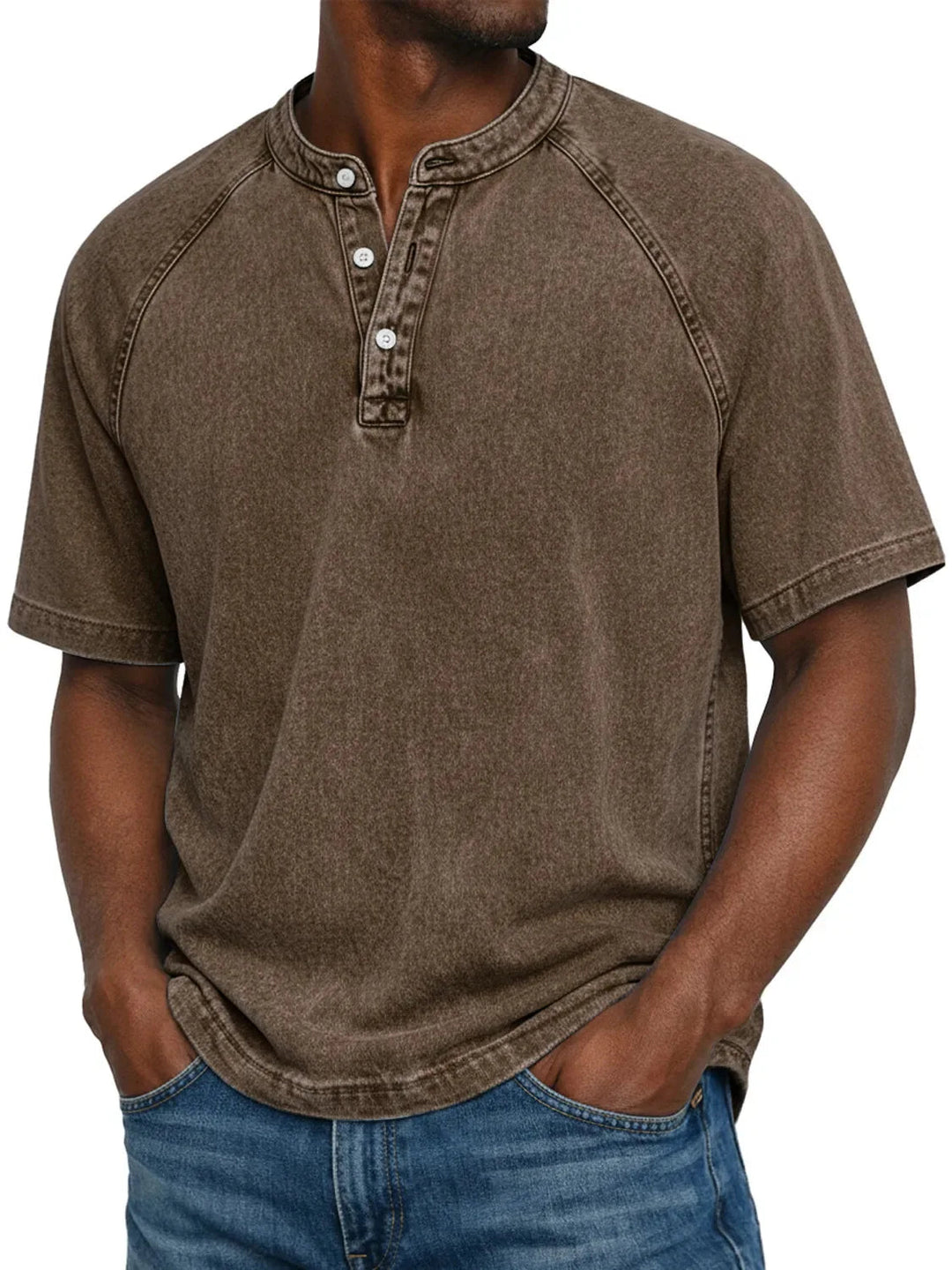 Casual T-shirt met korte mouwen voor heren met raglanmouwen in gewassen henley-stijl