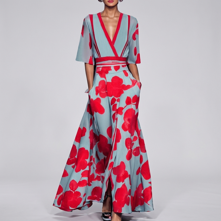 Lange Vrouwenjurk met Bloemenprint en V-Hals