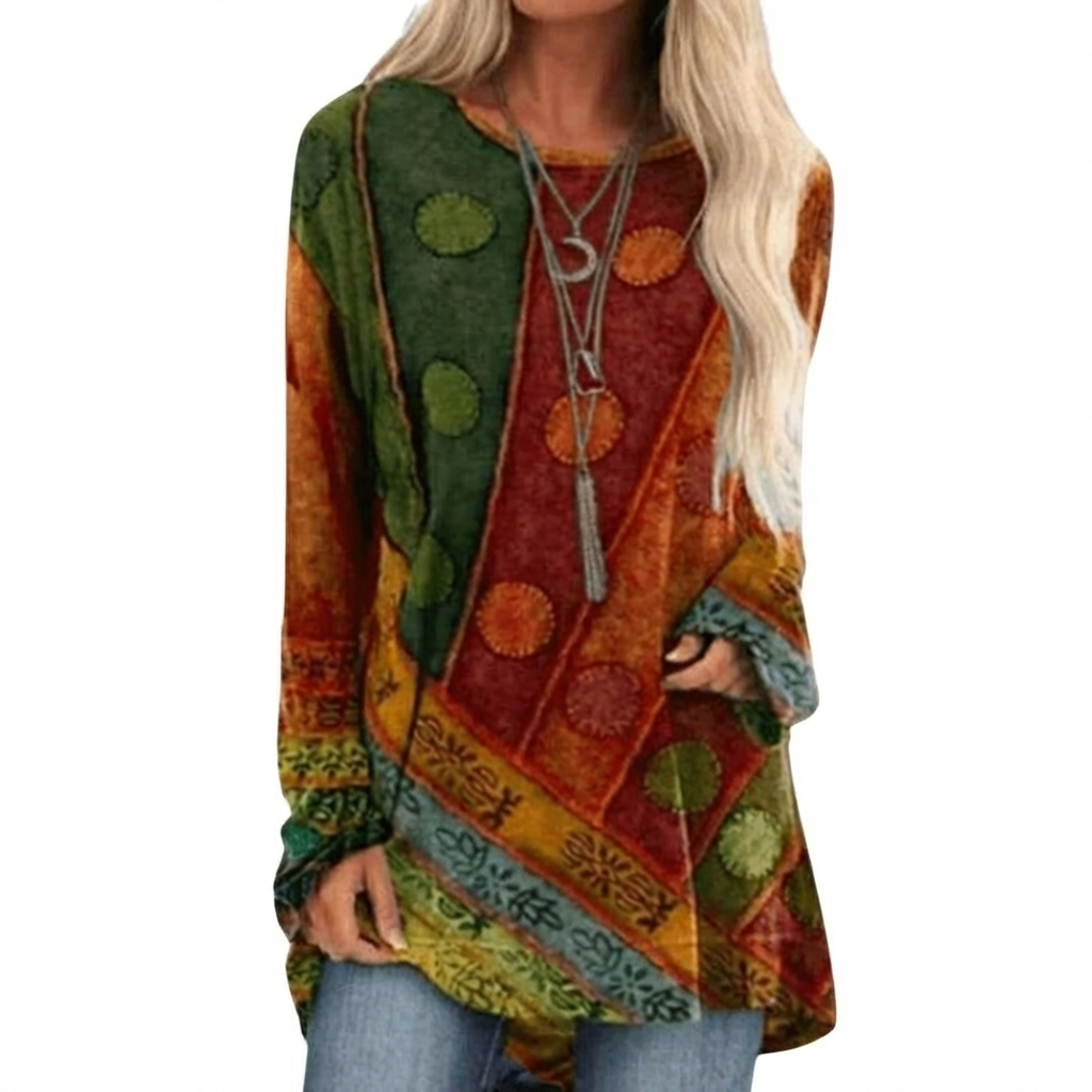 Vrouwen Tuniek met lange Mouwen en Artistiek Patchwork Patroon