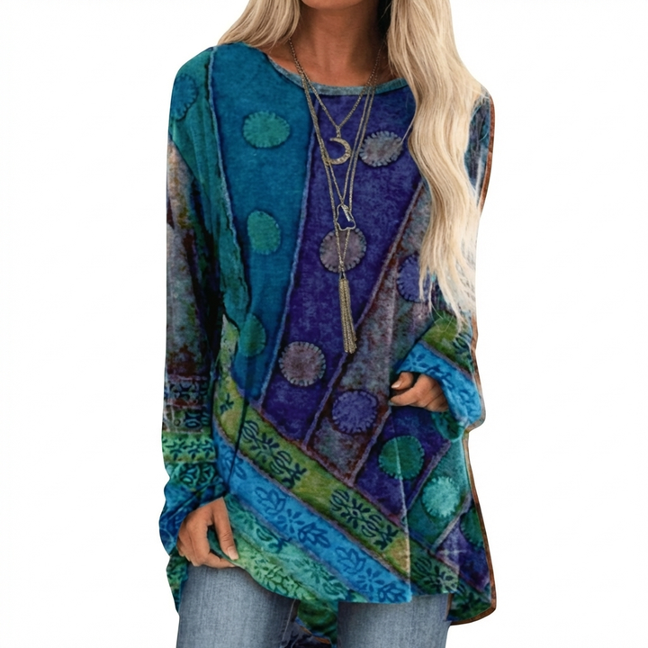 Vrouwen Tuniek met lange Mouwen en Artistiek Patchwork Patroon