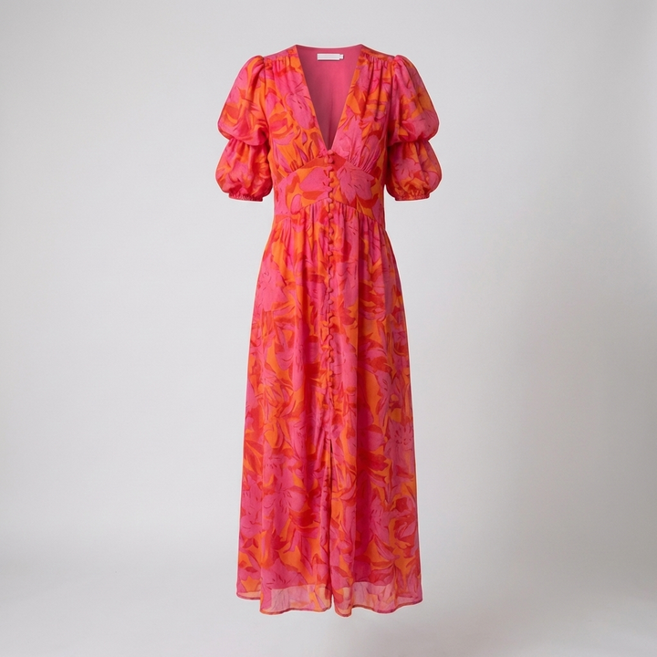 Vrouwen Maxi Jurk met V-Hals en Pofmouwen