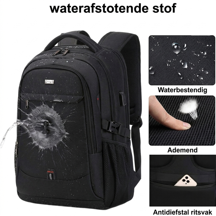 Waterdichte laptop- en reisrugzak met georganiseerde vakken.