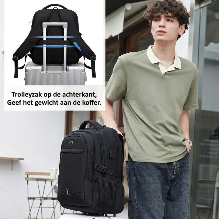 Waterdichte laptop- en reisrugzak met georganiseerde vakken.
