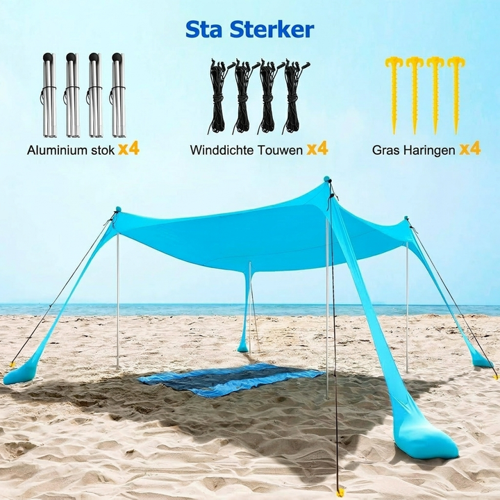 Strandtent met aluminium stokken en zandankers